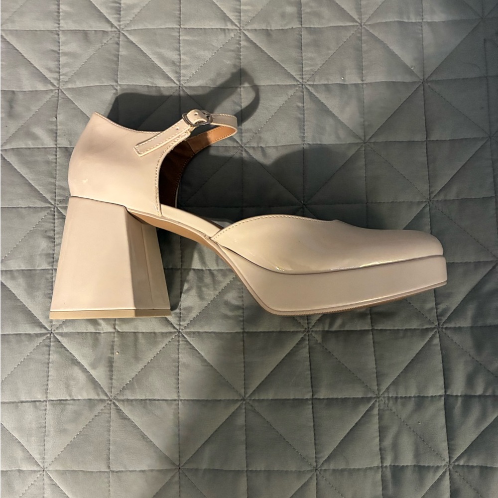 Cream Patent Leather-Look Platform Mary Jane Block Heels